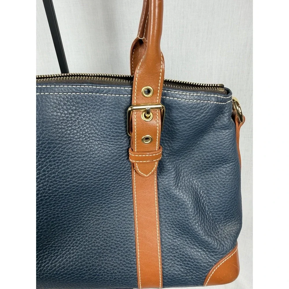 Dooney‎ & Bourke Pebbled Leather Domed Satchel Navy Tan Zip Shoulder Bag Luxury